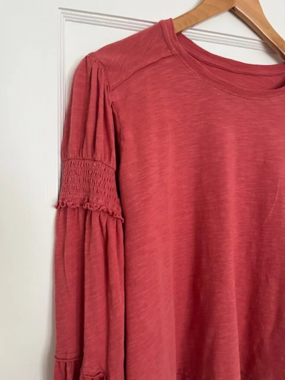 Anthropologie Pilcro Crew-Neck Ruched & Smocked-Sleeve Top | Size Small - Picture 4 of 8
